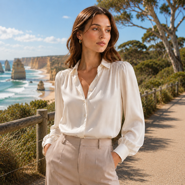 A woman stands on a coastal path wearing a cream satin long-sleeve blouse and light beige trousers, with sea stacks and a beach visible in the background.