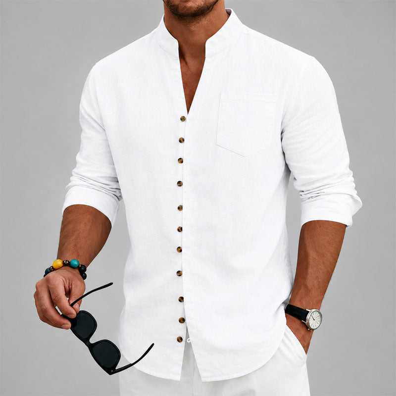 Dustin - Men's Mandarin Collar Button-Up Linen Shirt