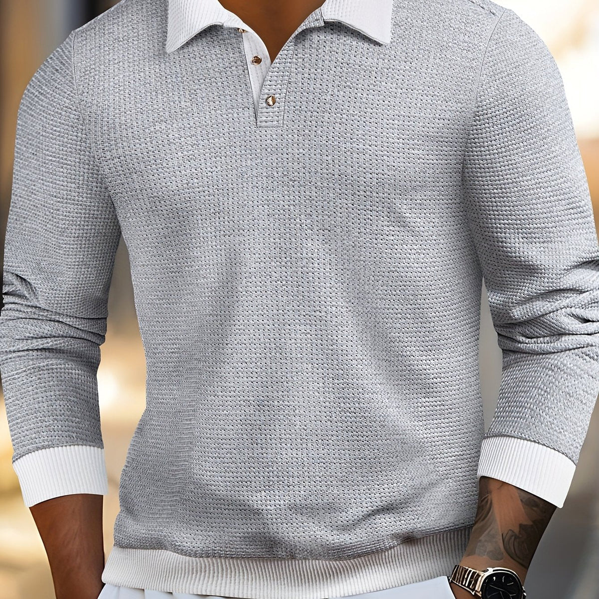 Gareth | Men’s Grey Long Sleeve Knit Polo Shirt Textured Pullover