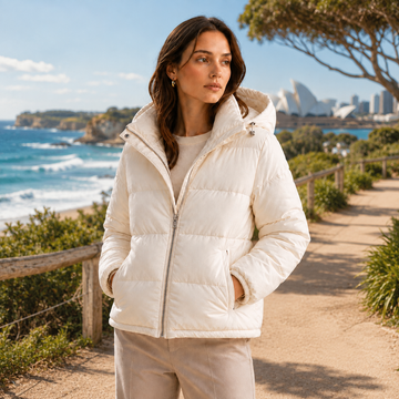 A woman wearing a cream-colored hooded puffer jacket stands on a coastal path with the ocean and a city skyline in the background.