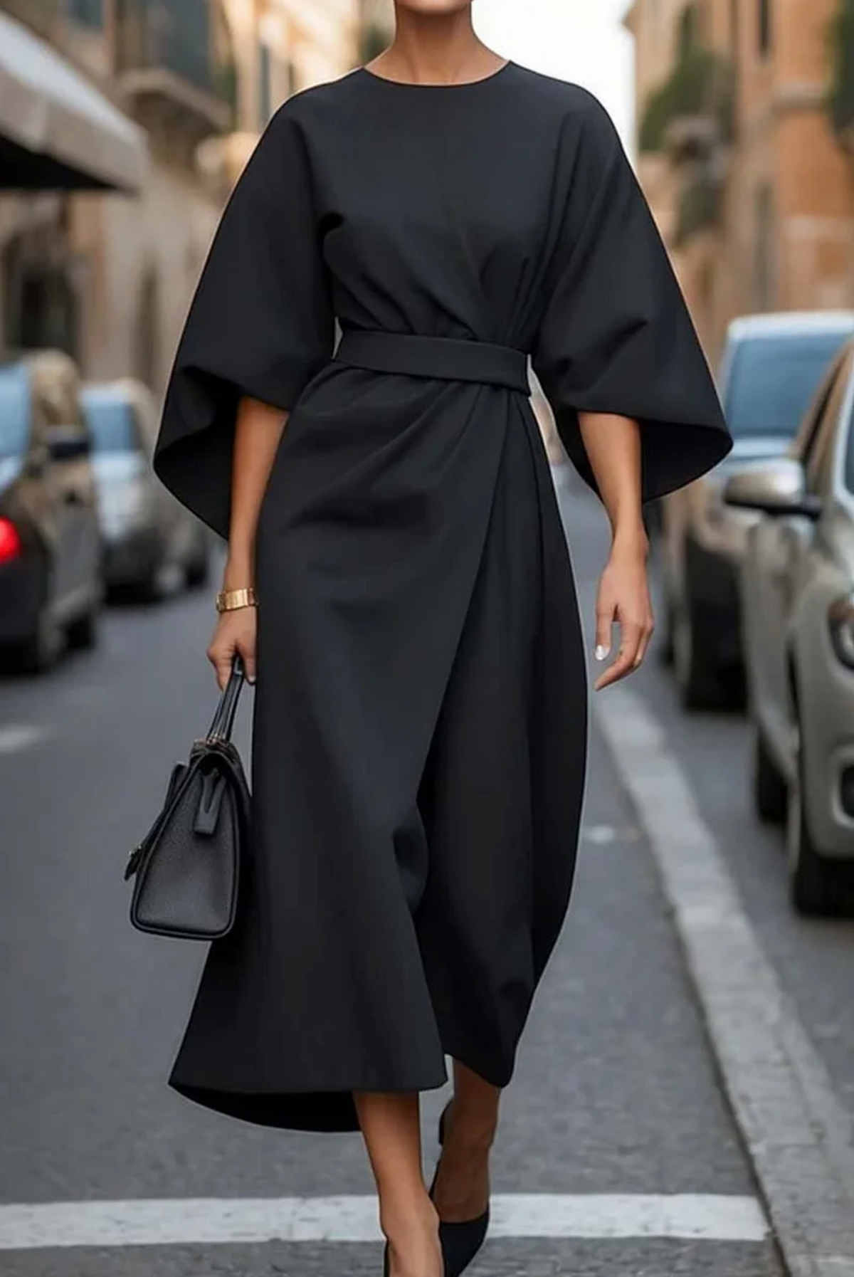 Women's Belted Kimono Sleeve Midi Dress