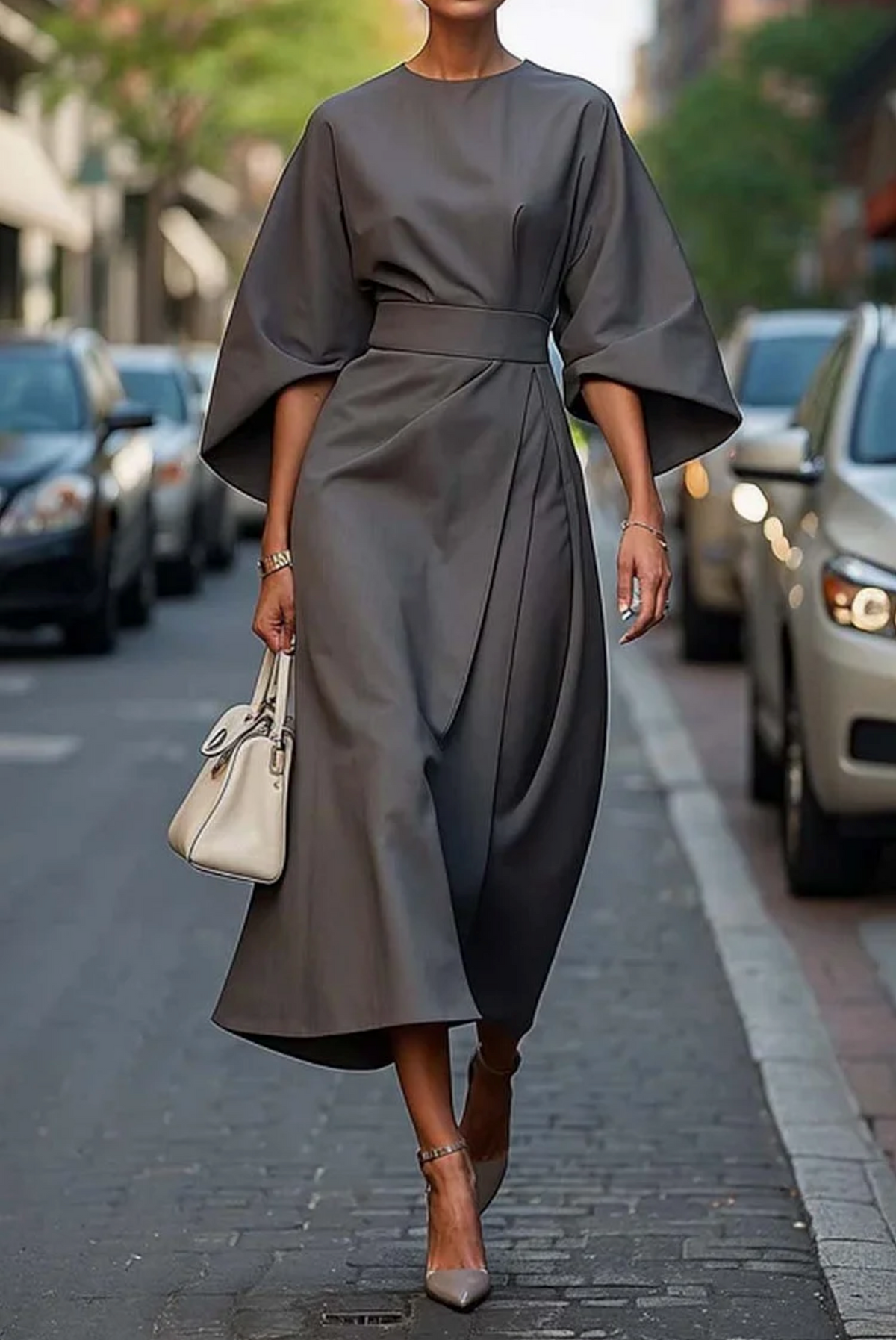 Women's Belted Kimono Sleeve Midi Dress