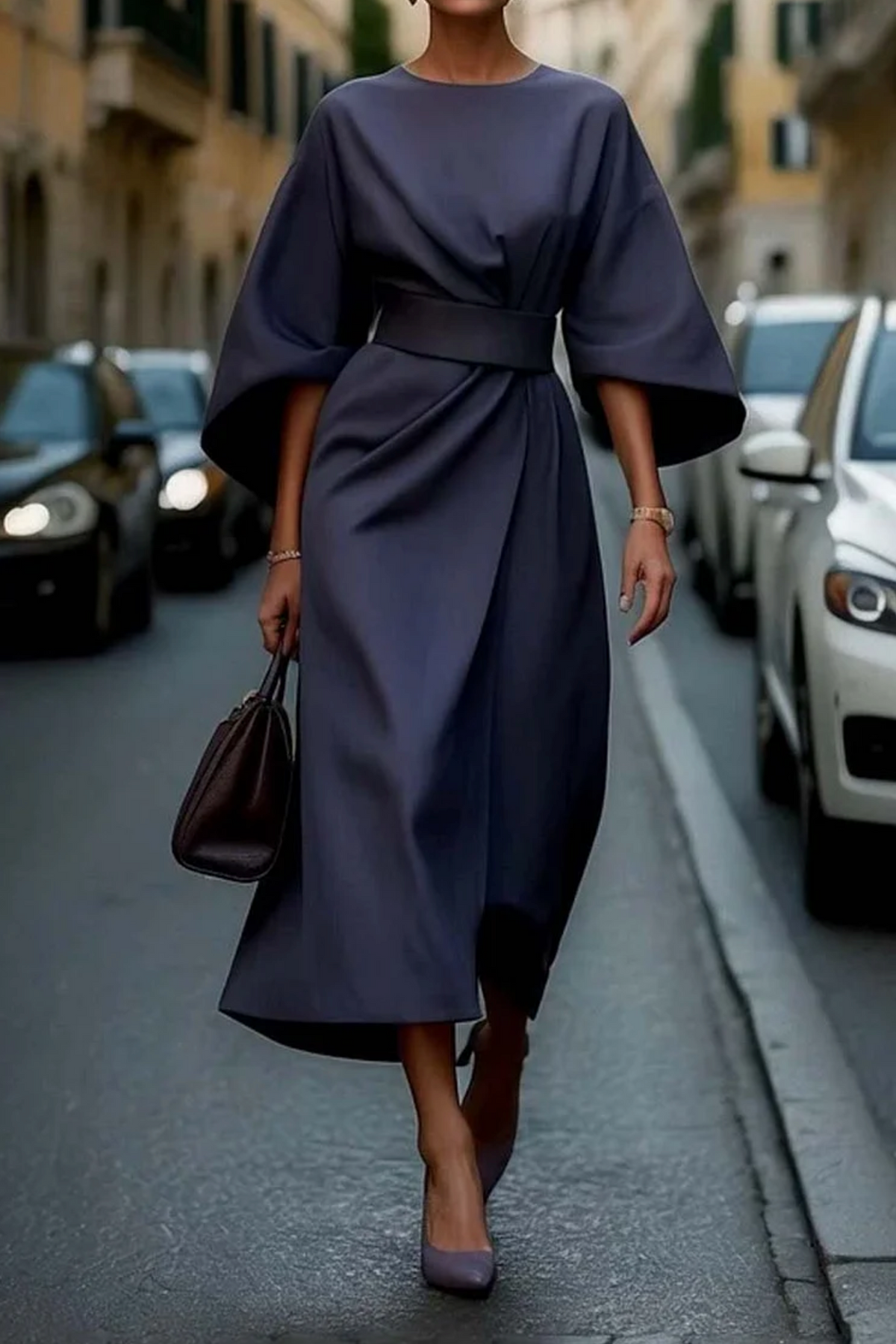Women's Belted Kimono Sleeve Midi Dress