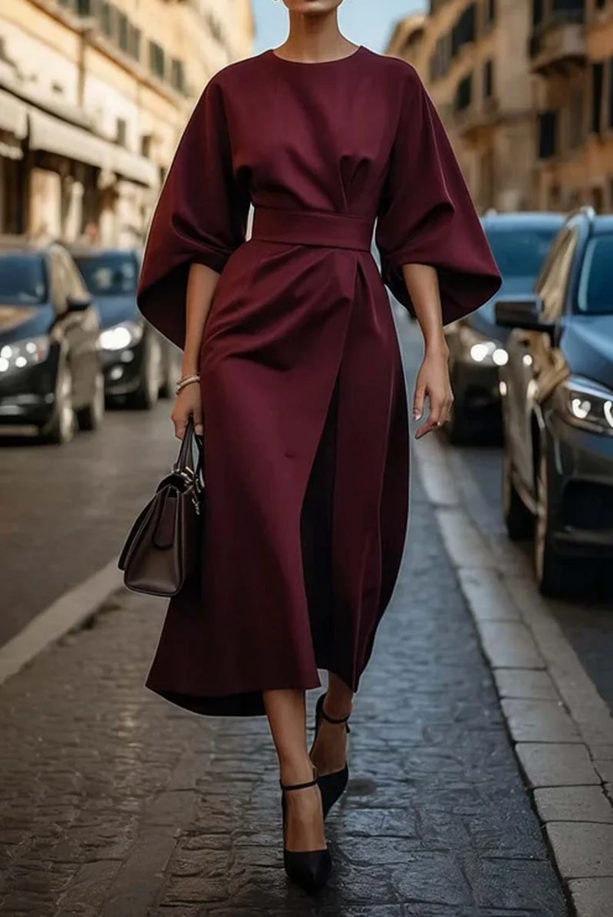 Women's Belted Kimono Sleeve Midi Dress