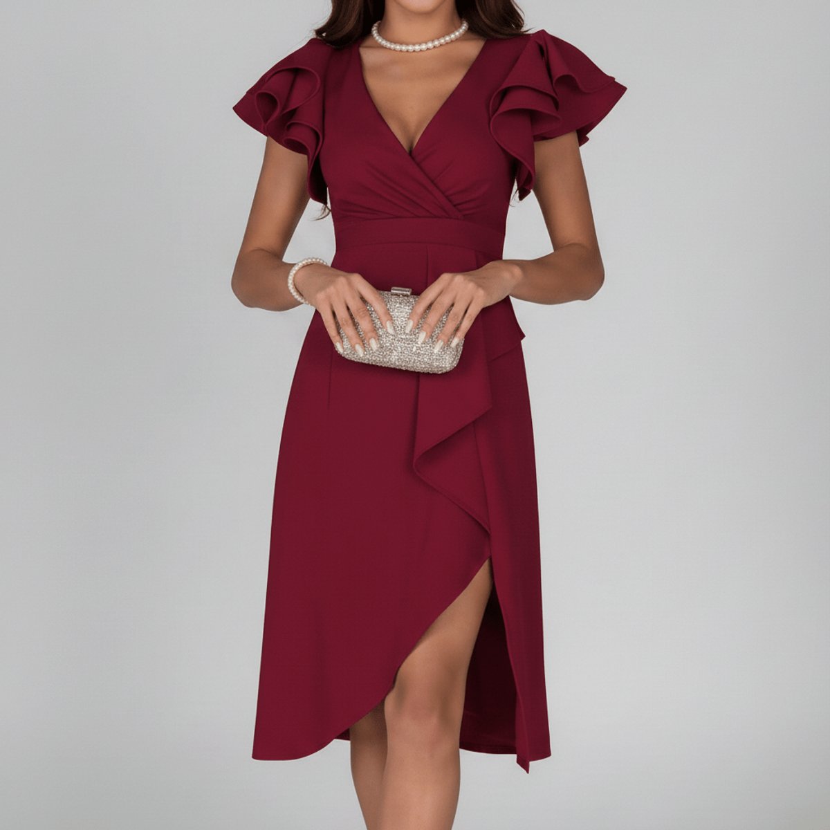 Aaliyah | Relaxed Ruffle Sleeve Wrap Cocktail Dress Asymmetric Midi
