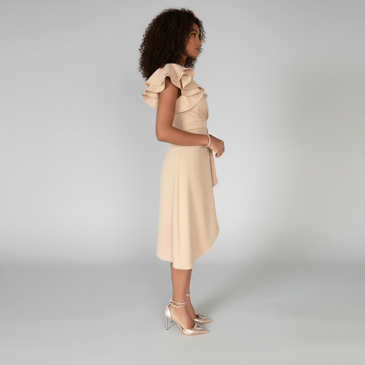 Aaliyah | Relaxed Ruffle Sleeve Wrap Cocktail Dress Asymmetric Midi