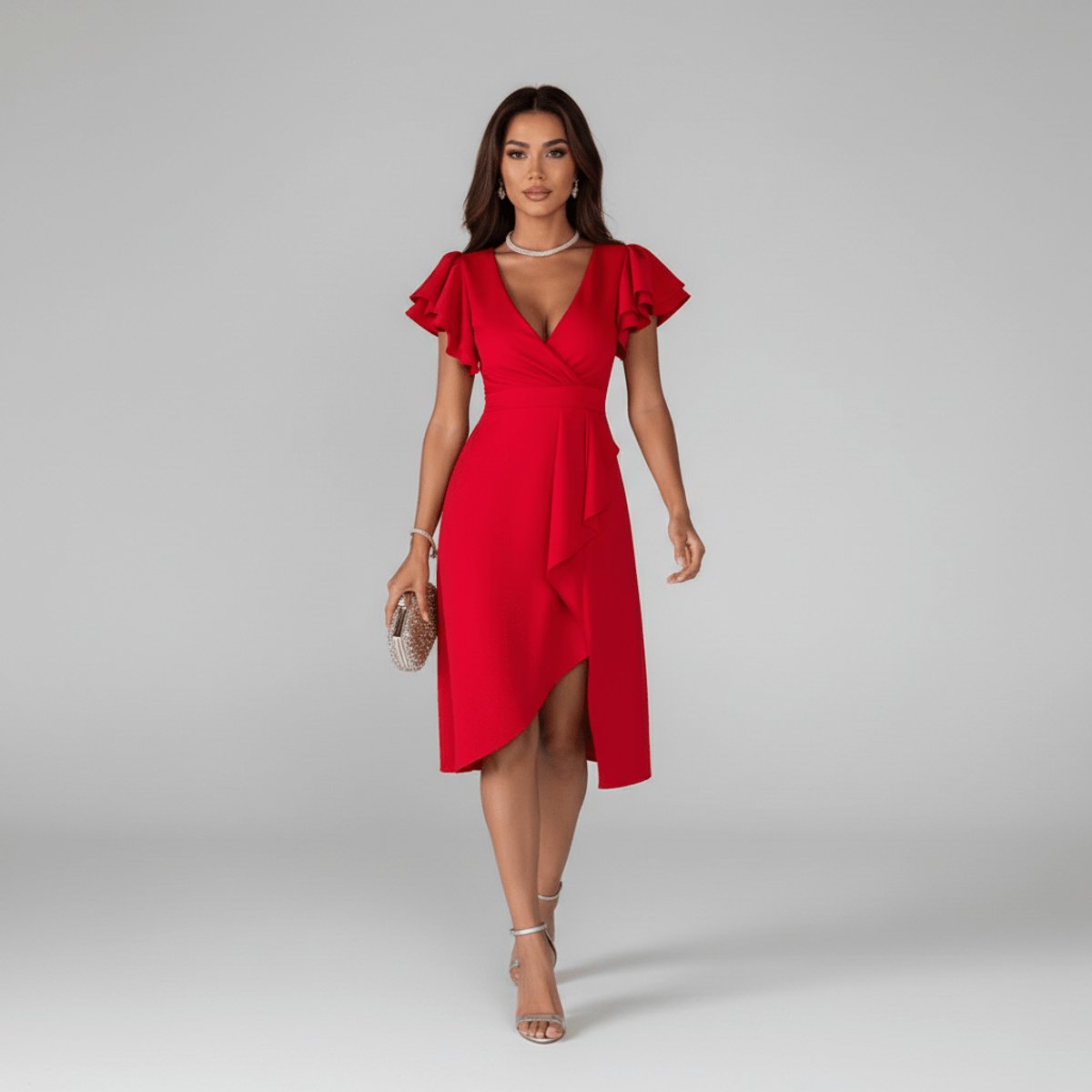 Aaliyah | Relaxed Ruffle Sleeve Wrap Cocktail Dress Asymmetric Midi