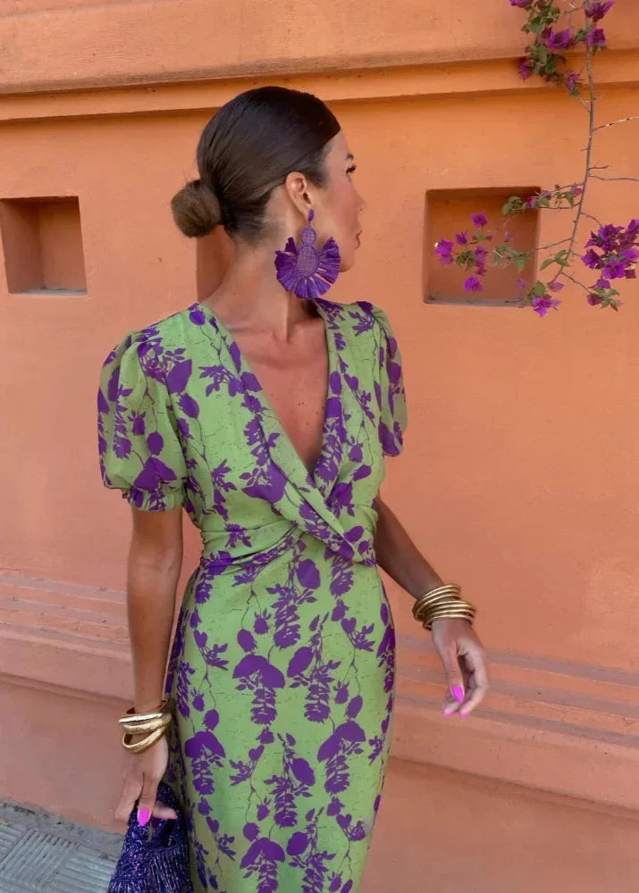 Aurora | Timeless Floral Wrap Puff Sleeve Races Dresses