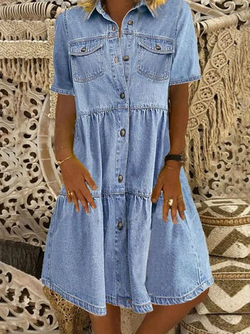 Chloe | Chic Button-Front Tiered Denim Shirt Dress