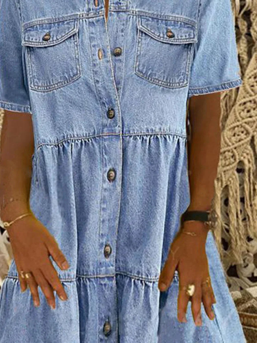 Chloe | Chic Button-Front Tiered Denim Shirt Dress