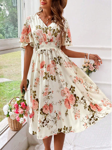 Chloe | Graceful Floral Midi Dress with Flutter Sleeves