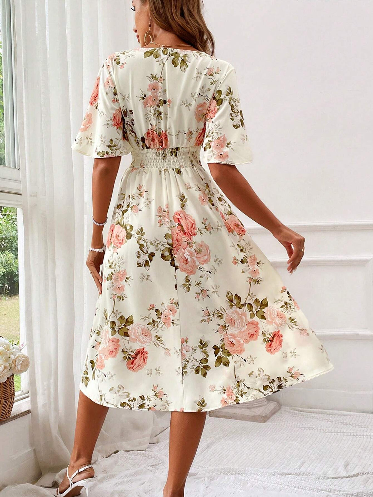 Chloe | Graceful Floral Midi Dress with Flutter Sleeves