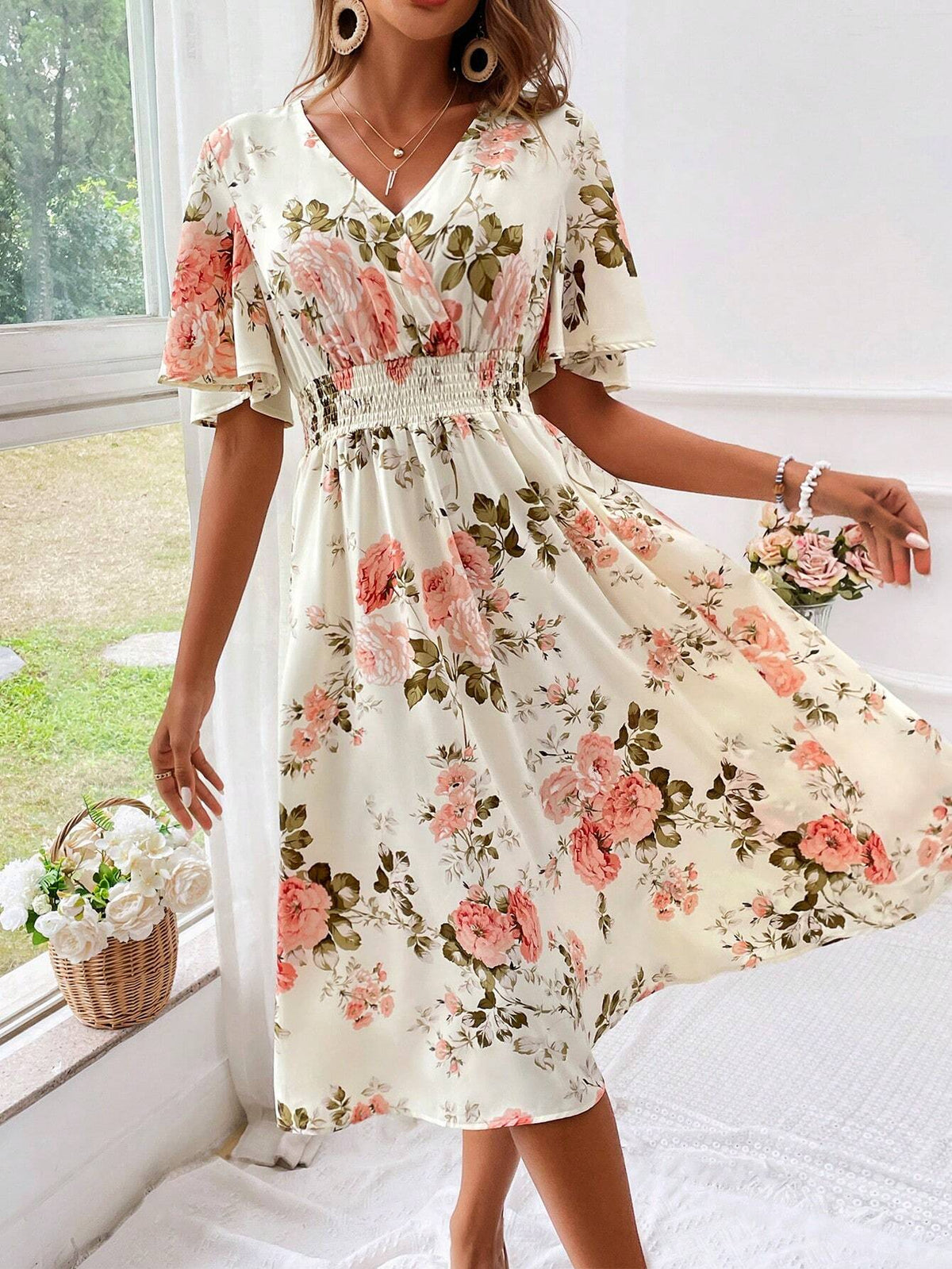 Chloe | Graceful Floral Midi Dress with Flutter Sleeves