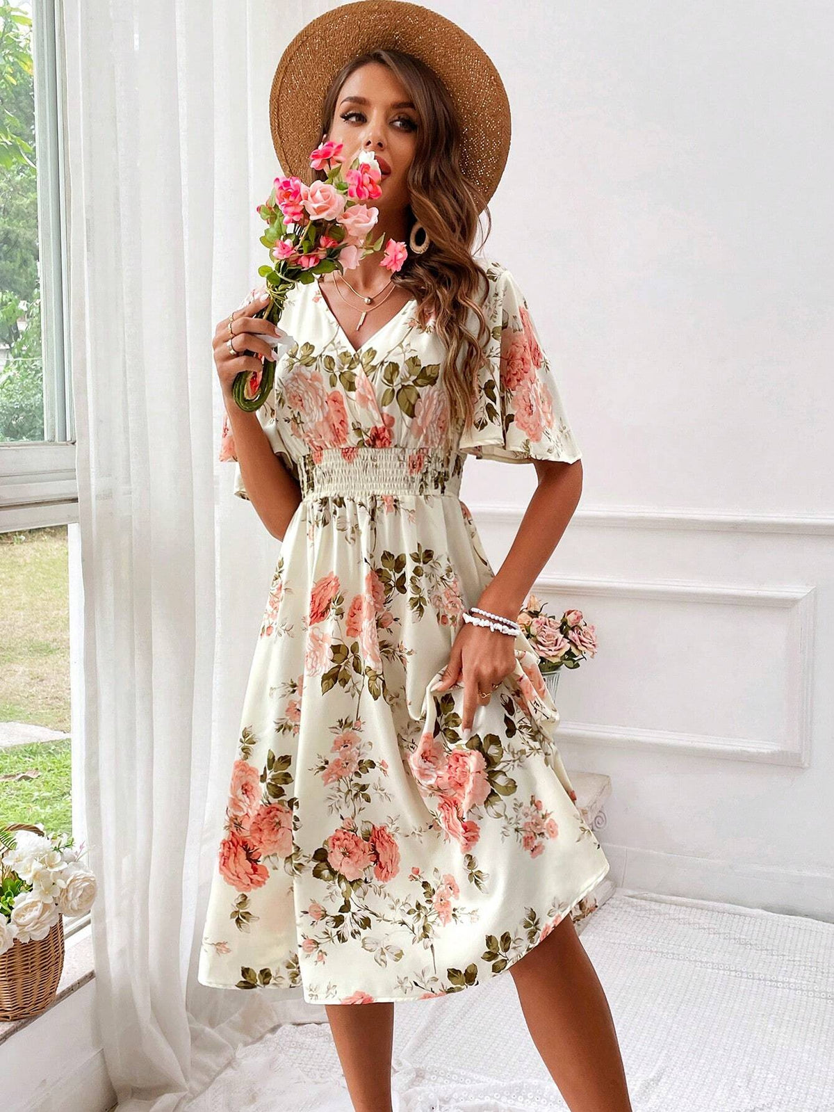 Chloe | Graceful Floral Midi Dress with Flutter Sleeves