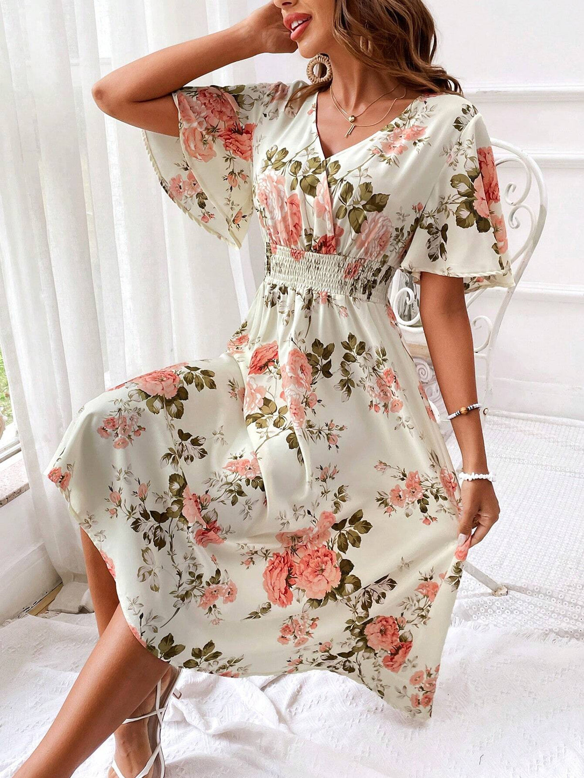 Chloe | Graceful Floral Midi Dress with Flutter Sleeves