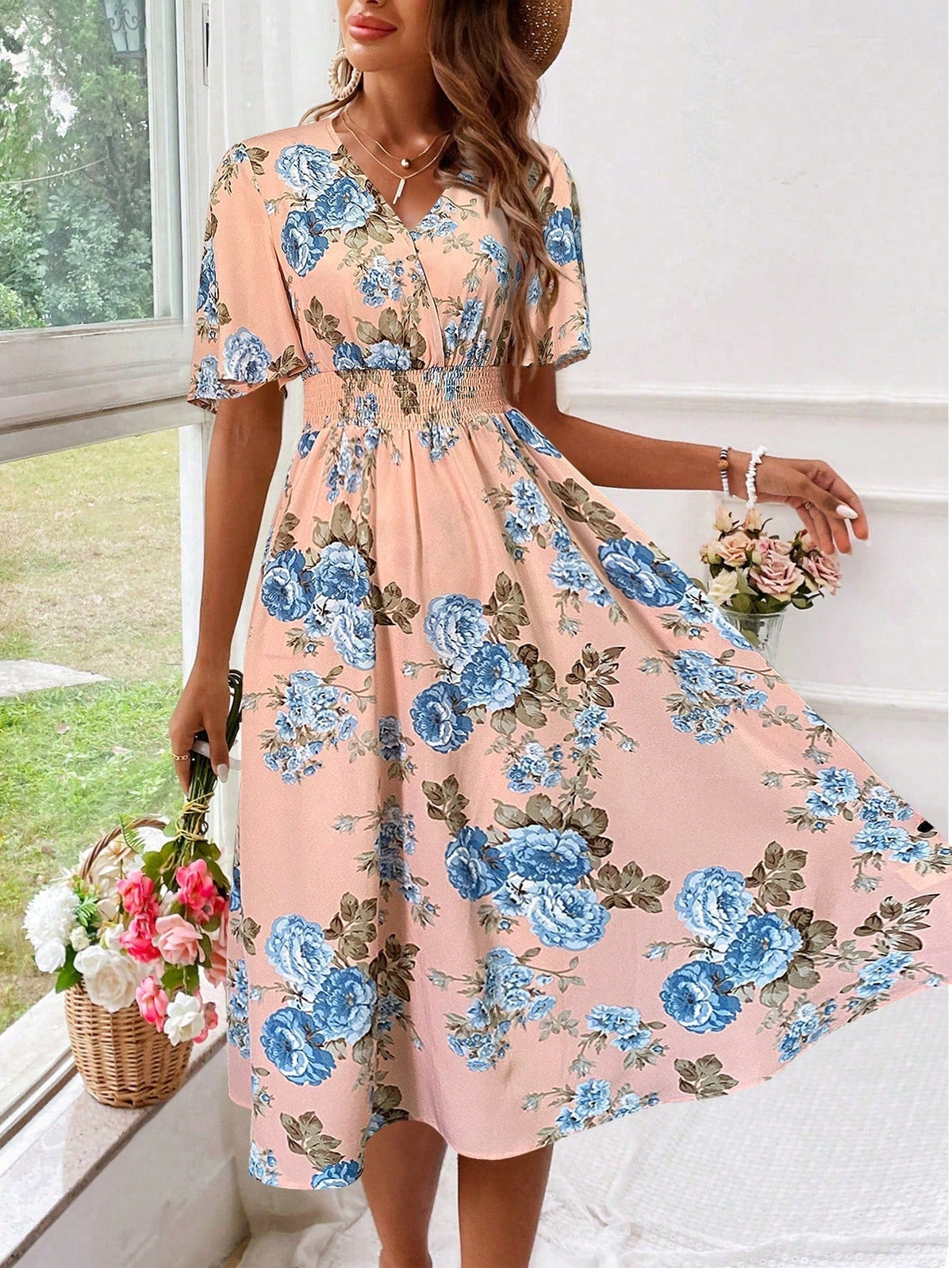 Chloe | Graceful Floral Midi Dress with Flutter Sleeves