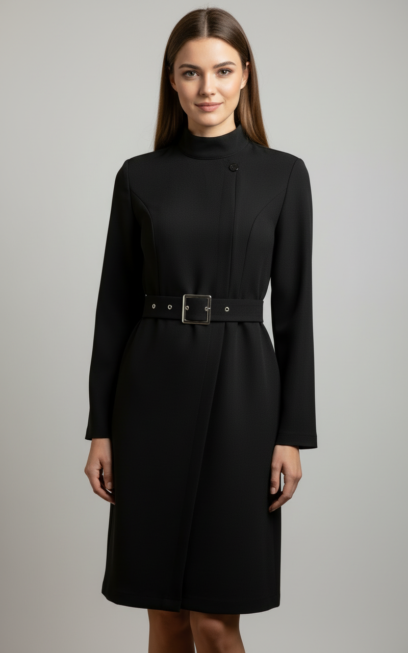 Women's Belted Coat Style Midi Dress