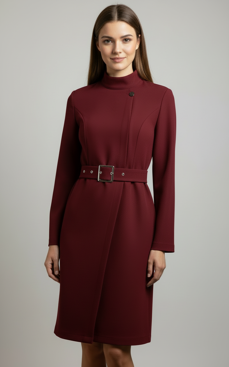 Women's Belted Coat Style Midi Dress