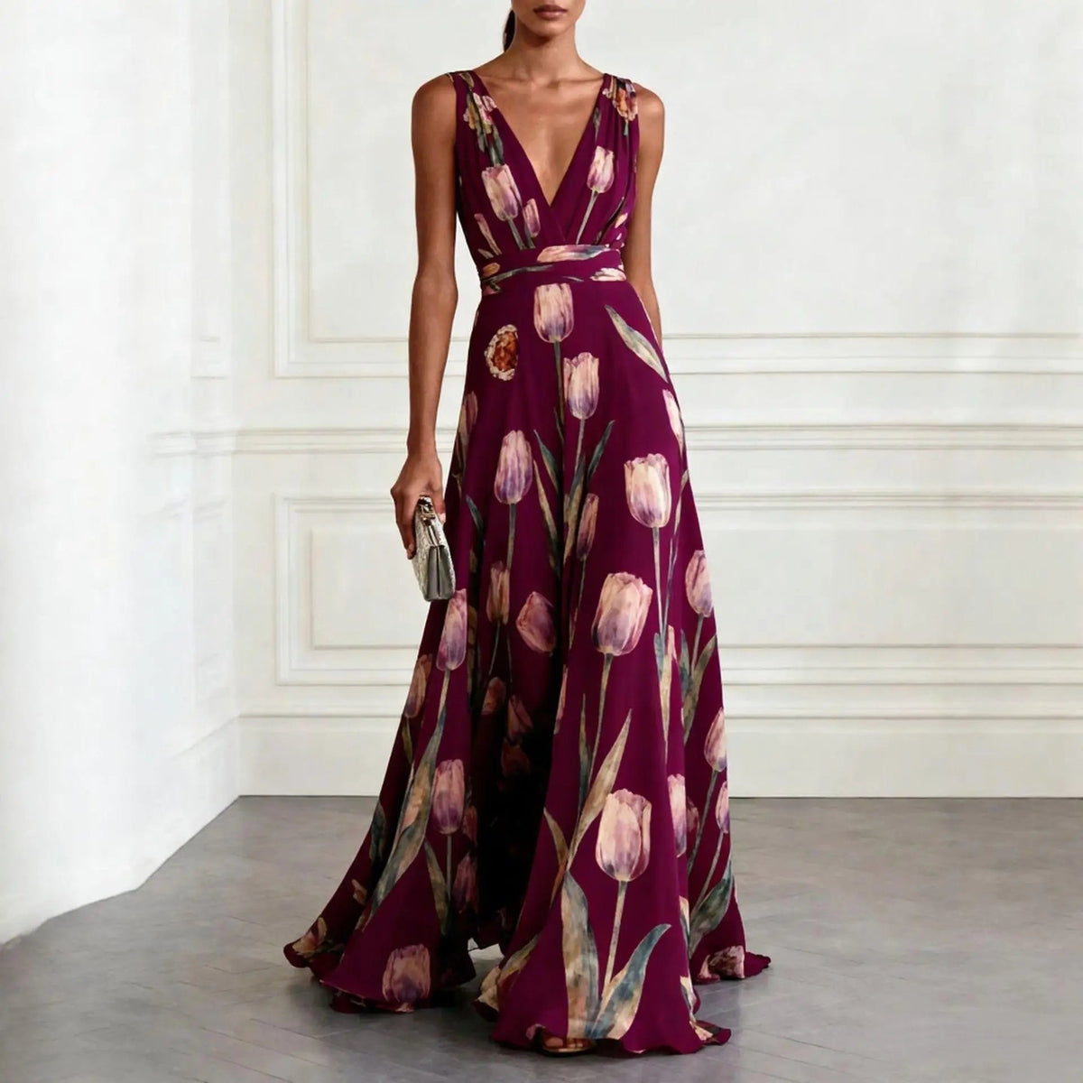 Evelyn | Graceful Floral Print Maxi Wrap Race Dress