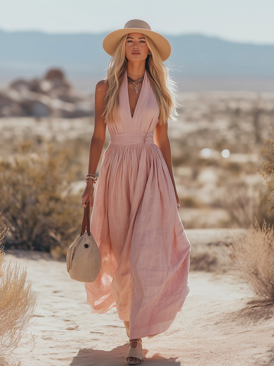 Lainey | Refined Ruched-Waist Halter Maxi Linen Dress