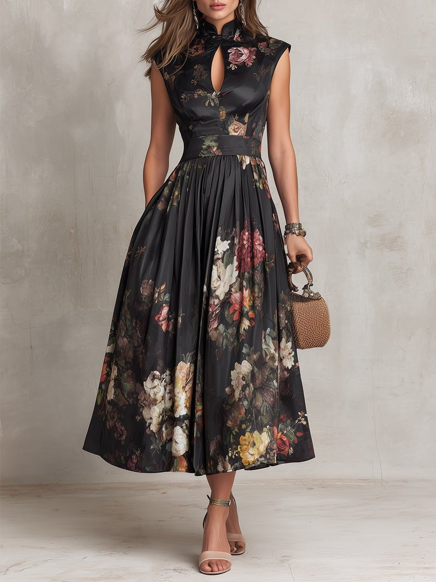 Maggie | Cosy Floral Midi Races Dresses with Keyhole Neckline