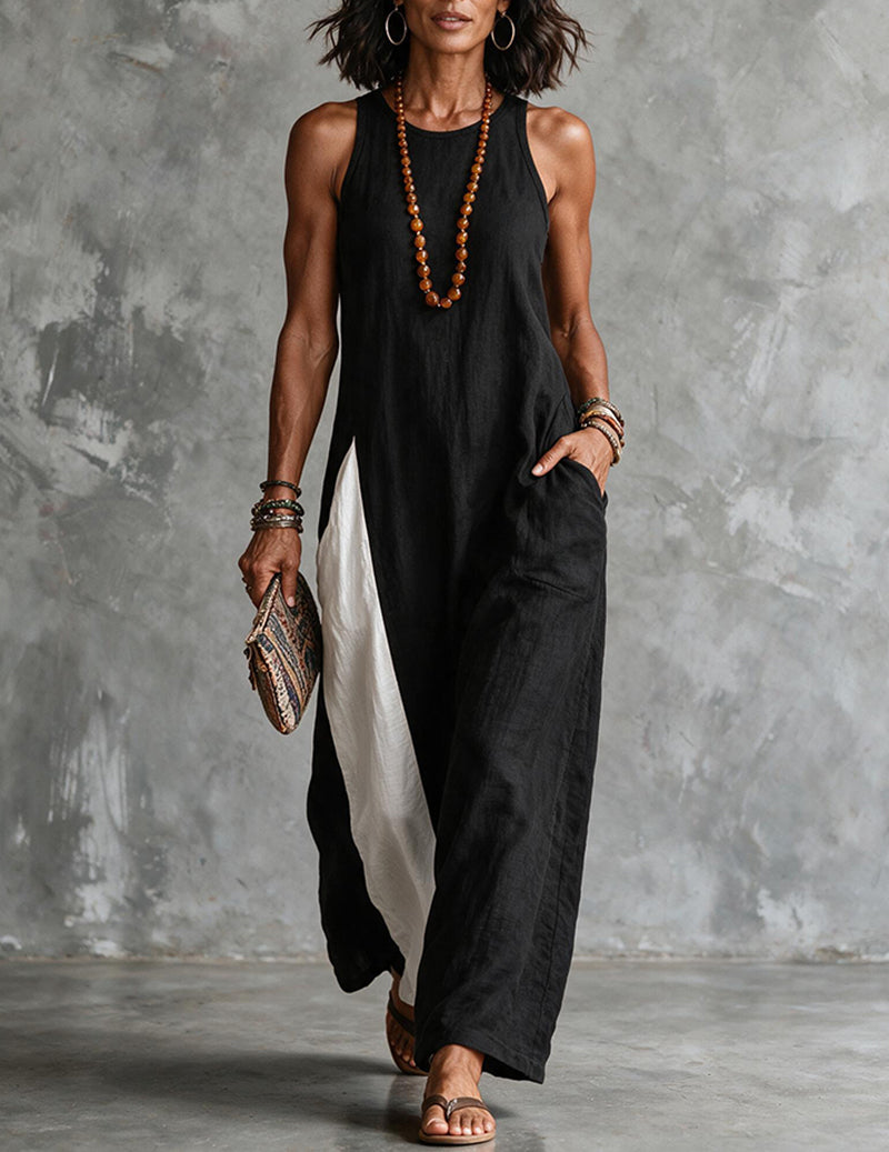 Margot | Classic Colour Block Sleeveless Linen Maxi Dress
