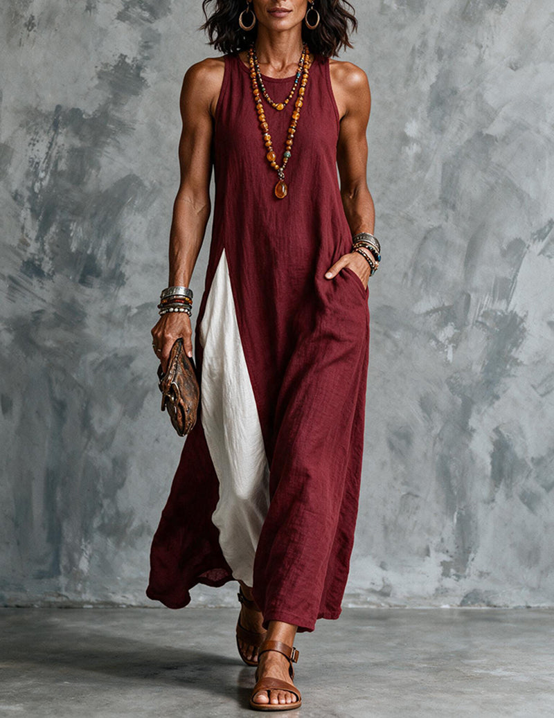 Margot | Classic Colour Block Sleeveless Linen Maxi Dress