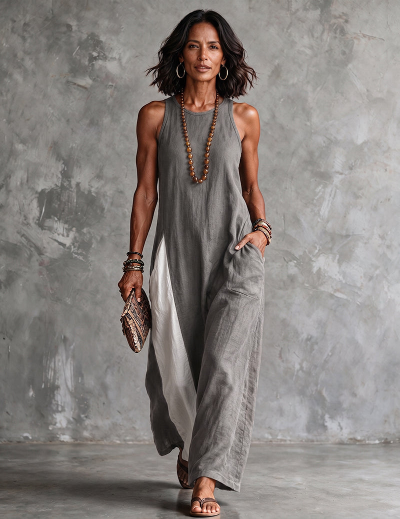 Margot | Classic Colour Block Sleeveless Linen Maxi Dress
