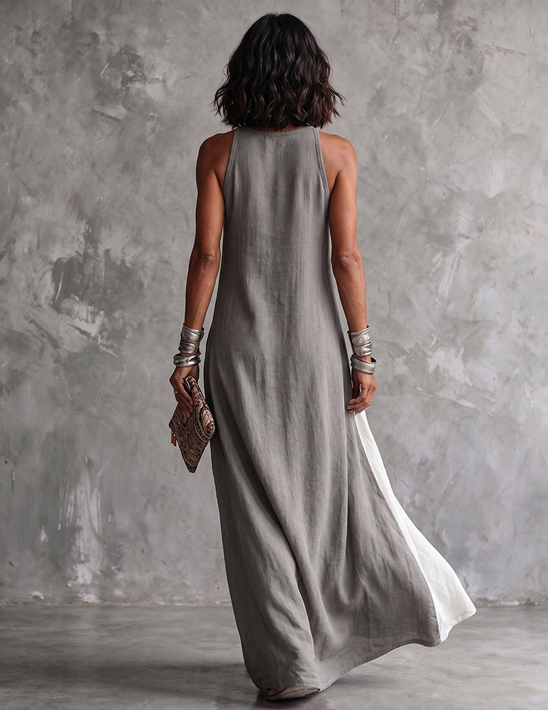 Margot | Classic Colour Block Sleeveless Linen Maxi Dress