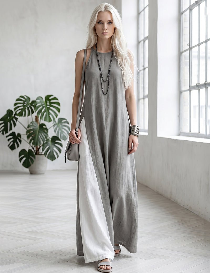 Margot | Classic Colour Block Sleeveless Linen Maxi Dress