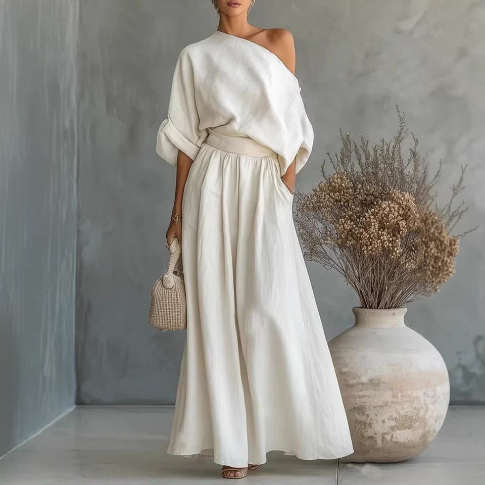 Sadie | Chic One-Shoulder Linen Dress with Flowing Maxi Skirt
