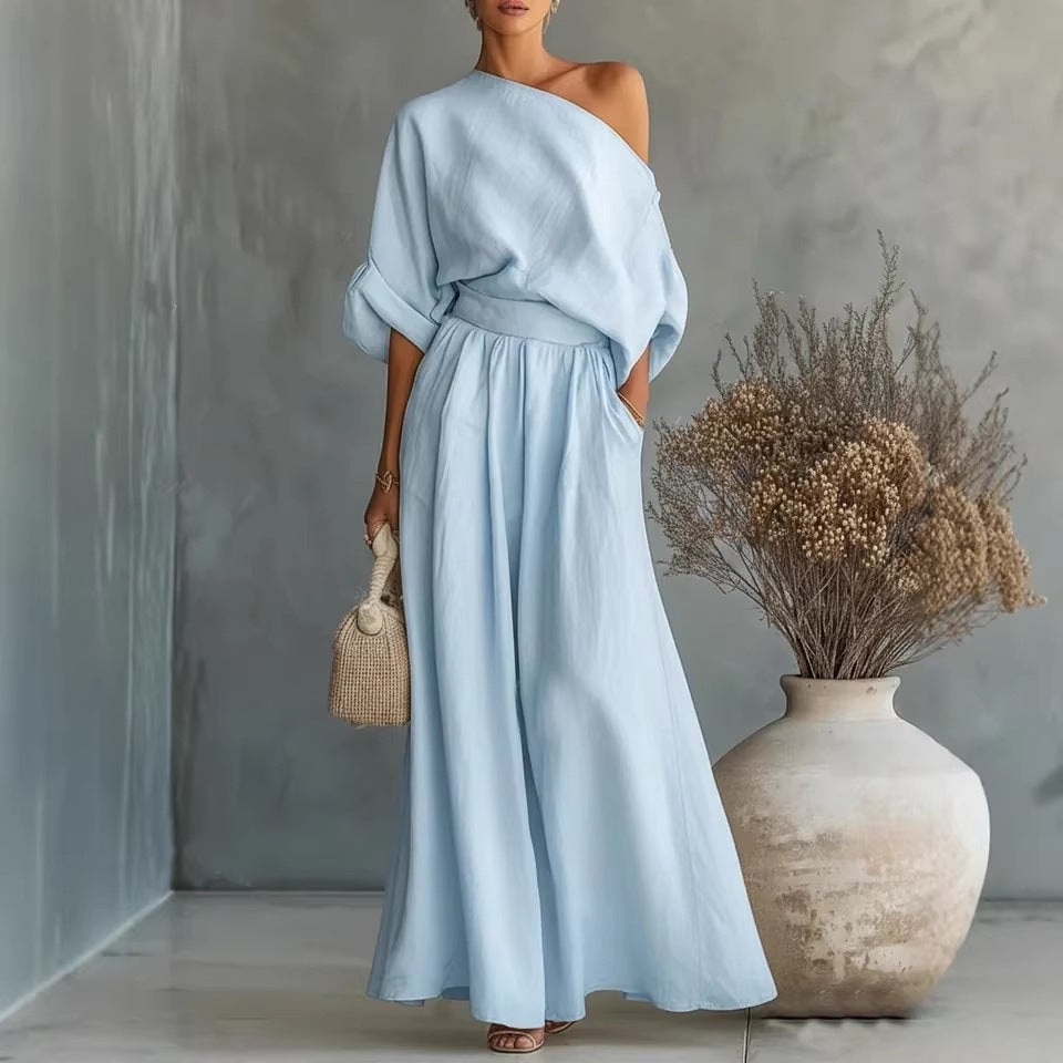 Sadie | Chic One-Shoulder Linen Dress with Flowing Maxi Skirt