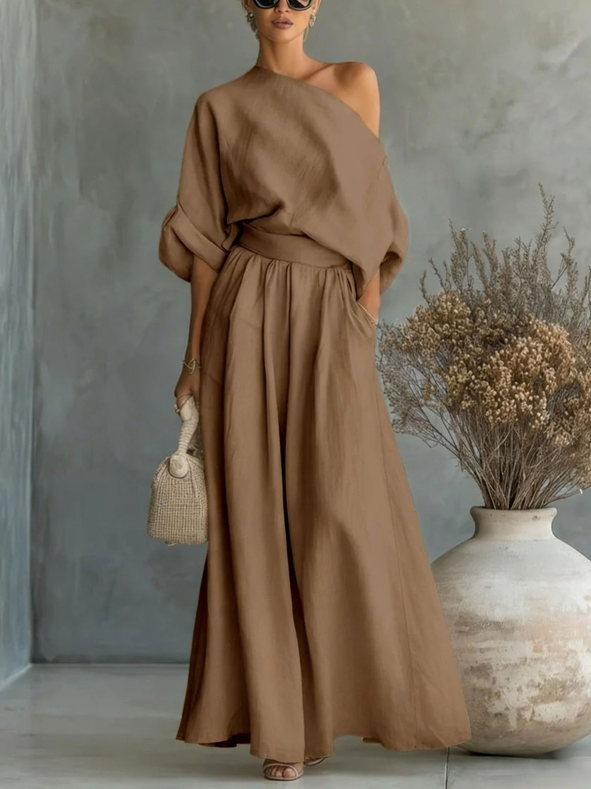 Sadie | Chic One-Shoulder Linen Dress with Flowing Maxi Skirt