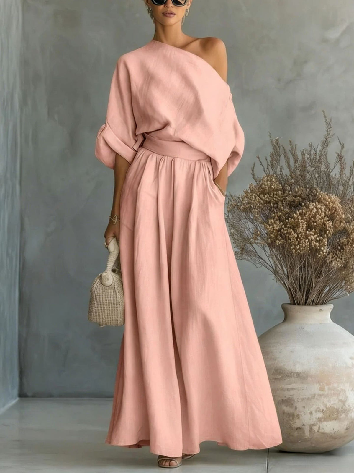 Sadie | Chic One-Shoulder Linen Dress with Flowing Maxi Skirt
