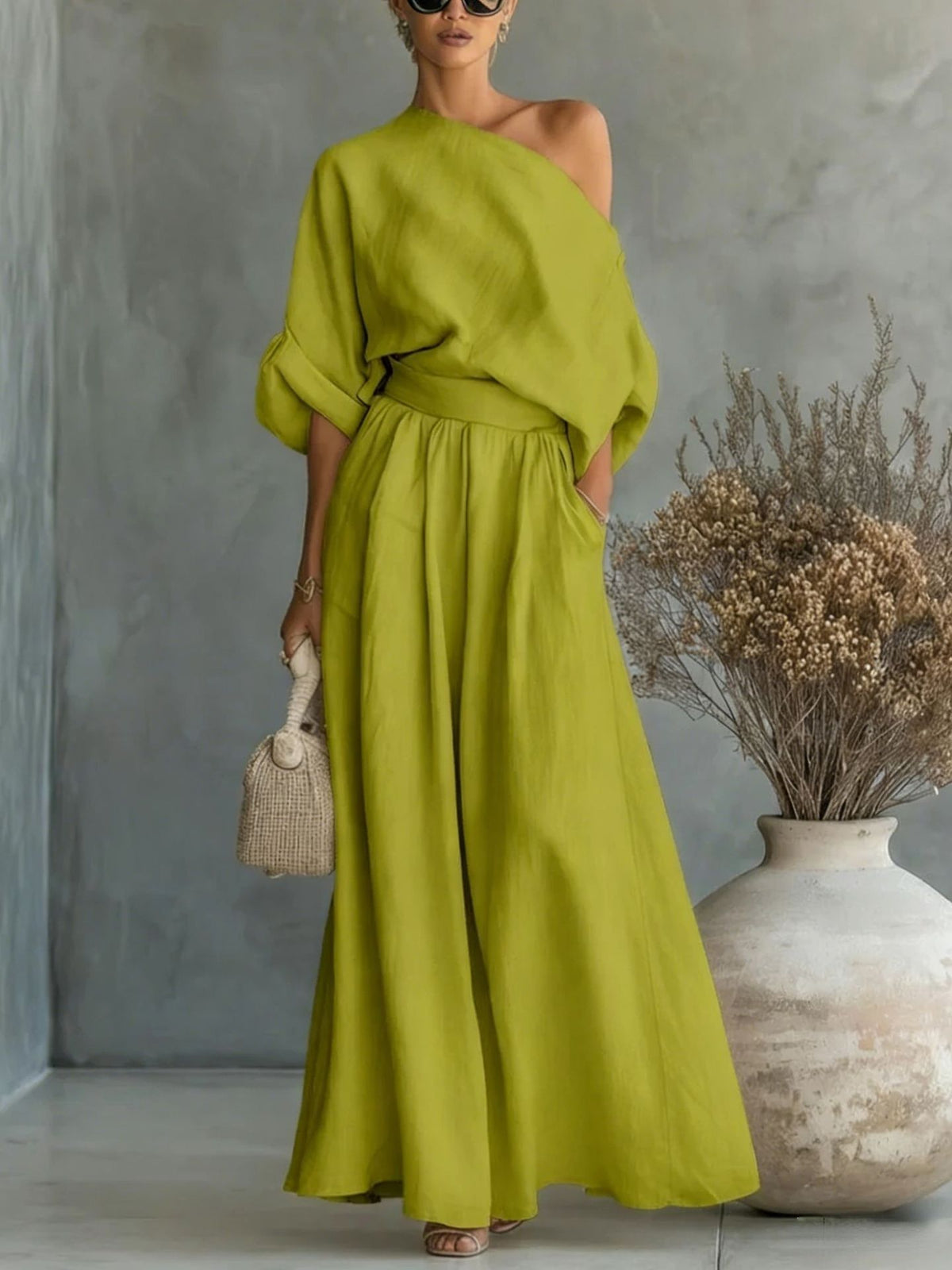 Sadie | Chic One-Shoulder Linen Dress with Flowing Maxi Skirt
