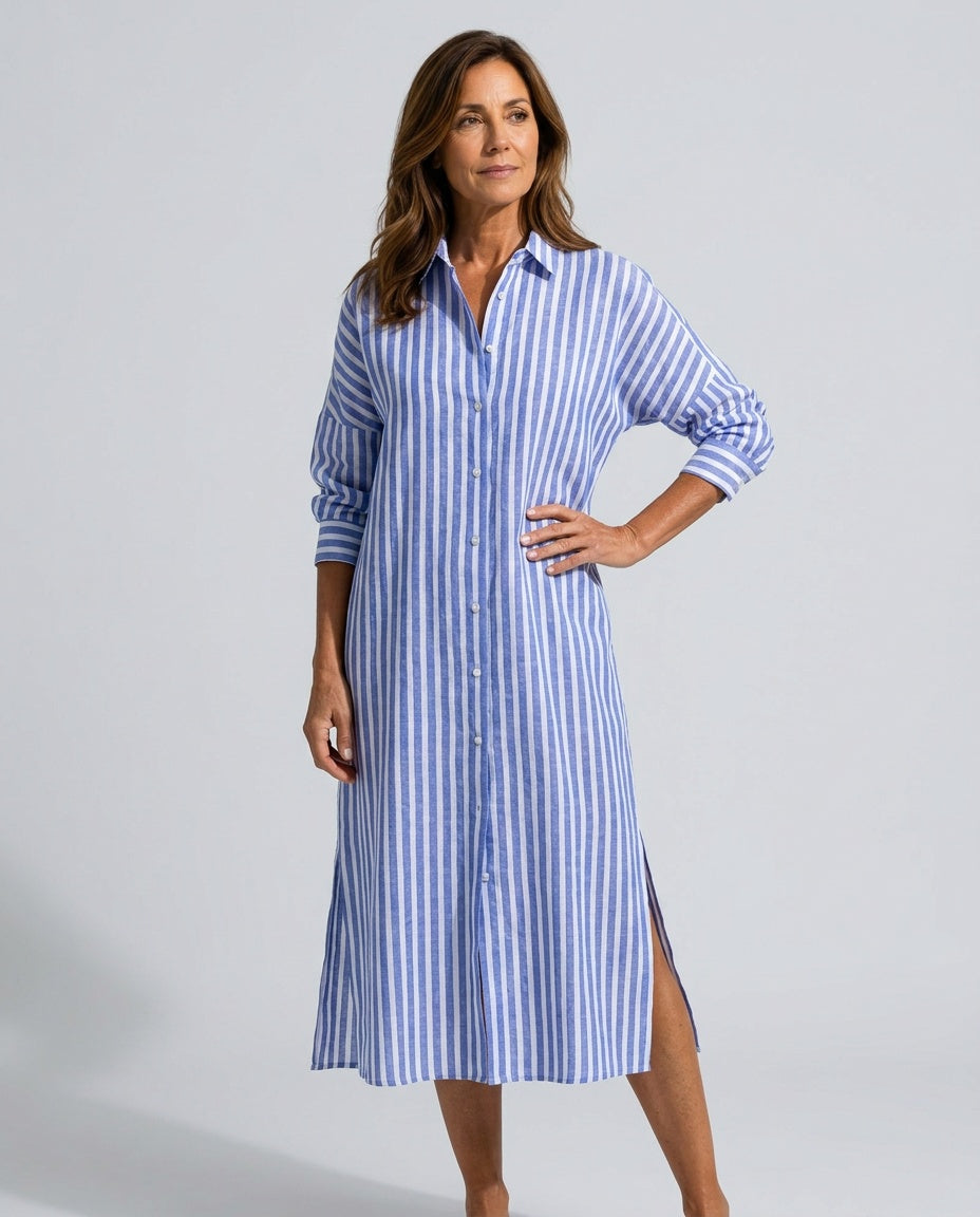 Sienna | Graceful Striped Linen Dress with Shirt Collar Midi Length