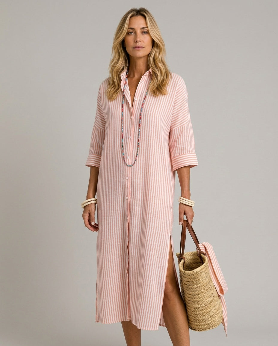 Sienna | Graceful Striped Linen Dress with Shirt Collar Midi Length