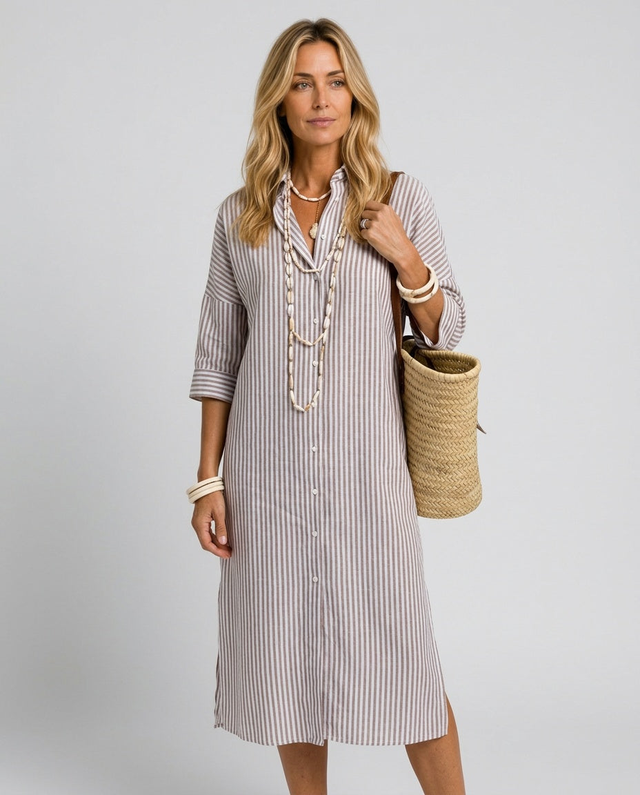 Sienna | Graceful Striped Linen Dress with Shirt Collar Midi Length