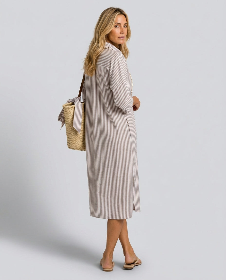 Sienna | Graceful Striped Linen Dress with Shirt Collar Midi Length